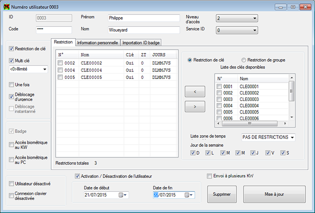Capture ecran de la partie utilisateur du logiciel Key-pro 3